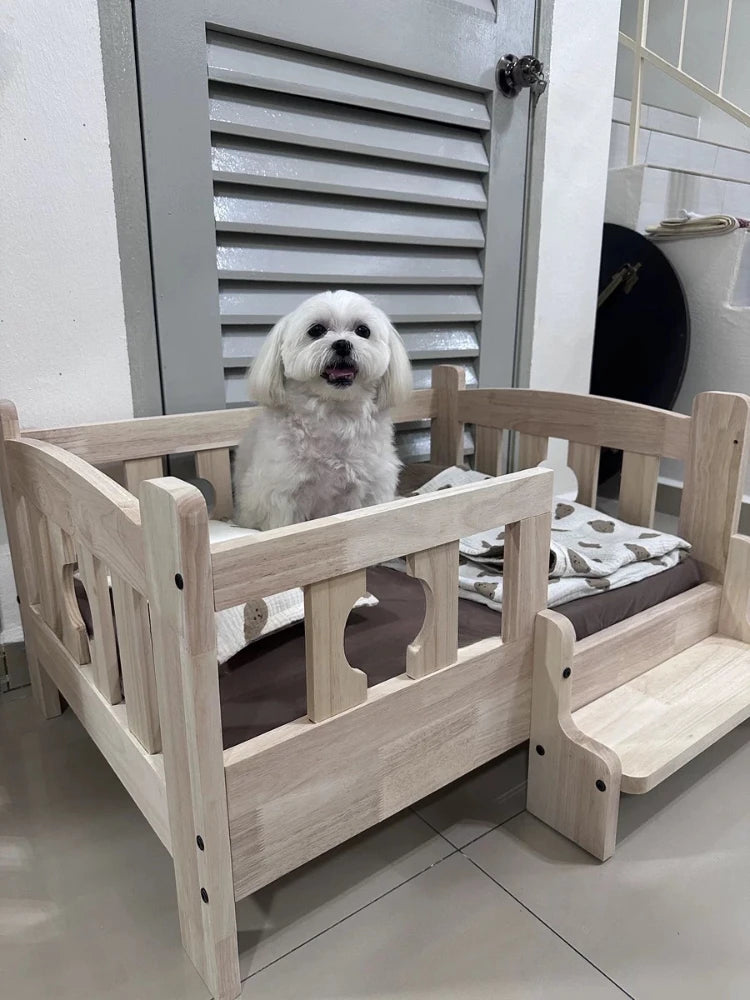 Solid Wood Pet Bed Wooden Dog Bed Frame Kennel Furniture Pet Products Bed Stand Elevated Fence Rounded Corners for Cats Dogs