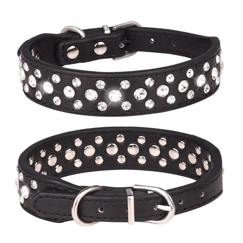 Pet collars for small dogs, pet collars, rhinestone PU collars for cats and dogs, adjustable to prevent pets from being lost