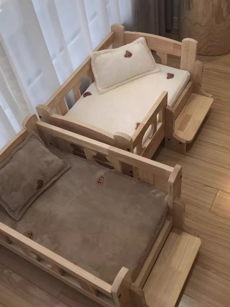 Solid Wood Pet Bed Wooden Dog Bed Frame Kennel Furniture Pet Products Bed Stand Elevated Fence Rounded Corners for Cats Dogs