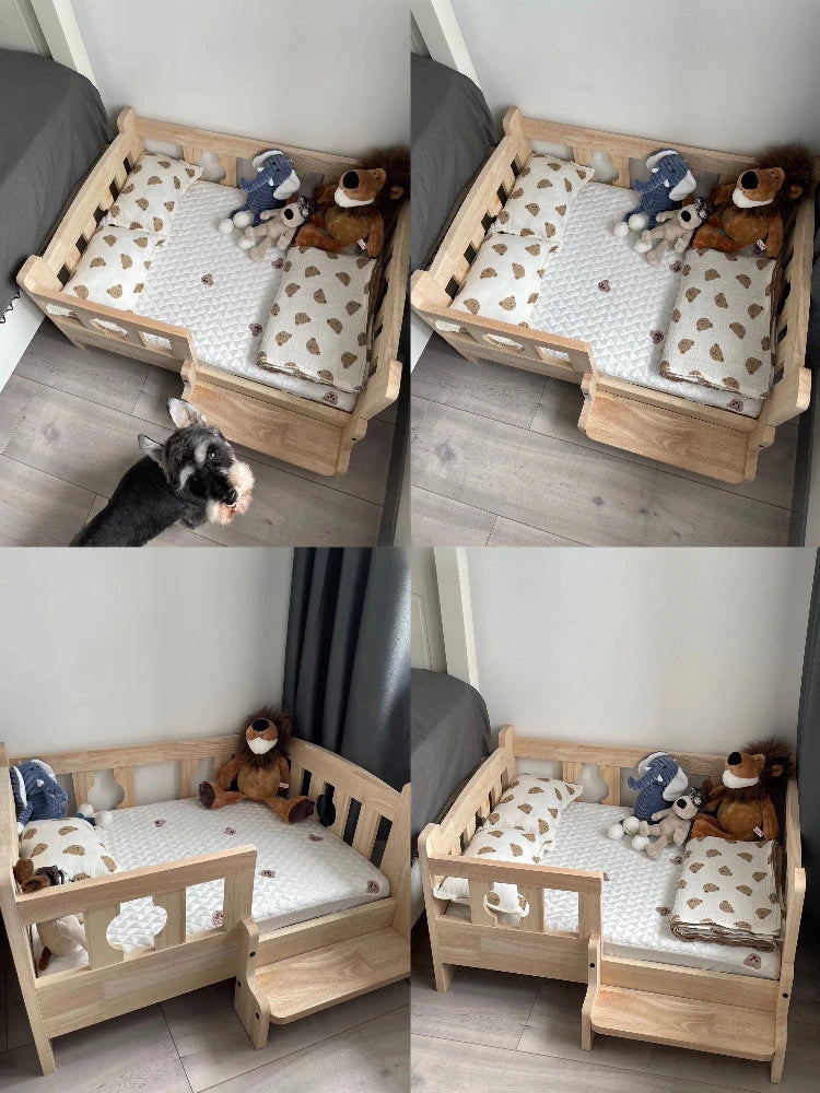Solid Wood Pet Bed Wooden Dog Bed Frame Kennel Furniture Pet Products Bed Stand Elevated Fence Rounded Corners for Cats Dogs