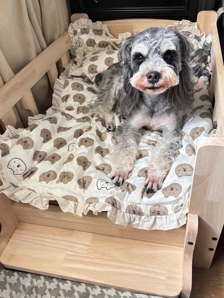 Solid Wood Pet Bed Wooden Dog Bed Frame Kennel Furniture Pet Products Bed Stand Elevated Fence Rounded Corners for Cats Dogs